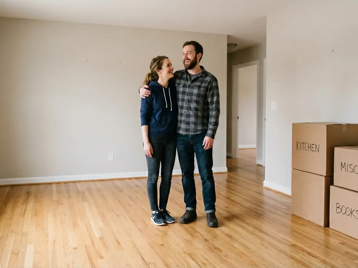 Couple standing in empty room with wood floors and packed move out boxes